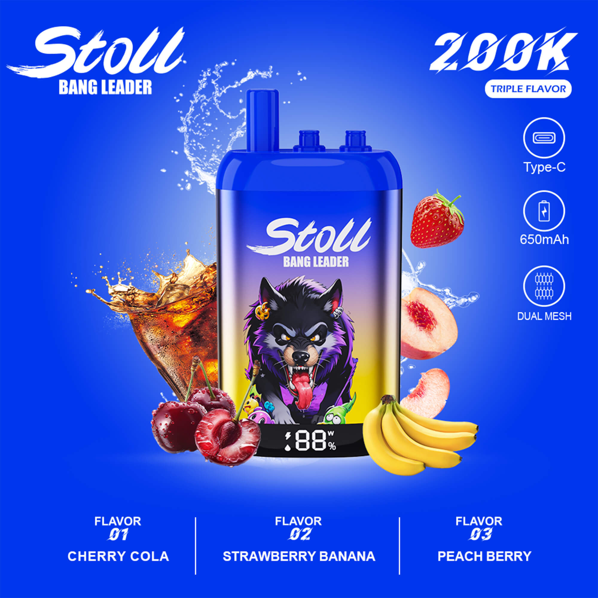 Blue vape device ad for Stoll Bang Leader 2600puff triple flavor with Type-C 650mAh and dual mesh, featuring dog graphic