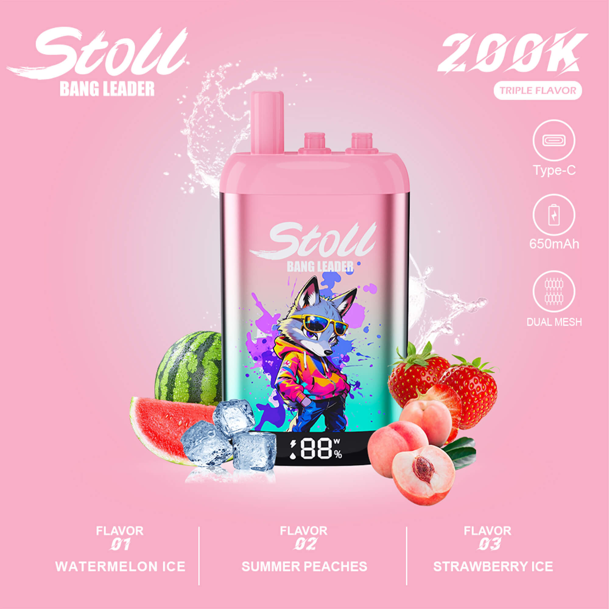 Pink Stop! Bang Leader triple flavor vape device with fruits and 88% charge on a promotional background