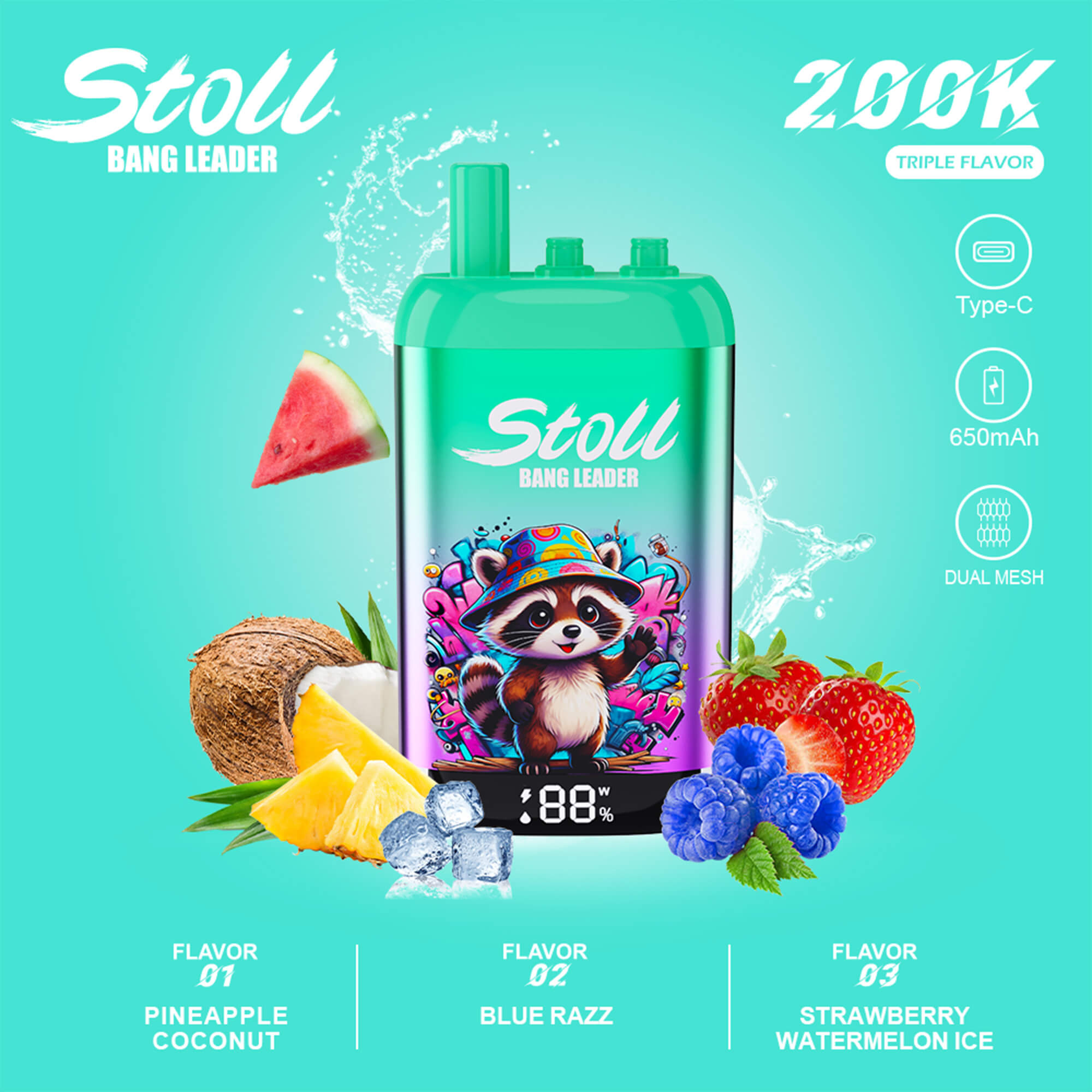 Green “Stoll Bang Leader” vape with splash, Triple Flavor label, and Type-C 650mAh Dual Mesh icons