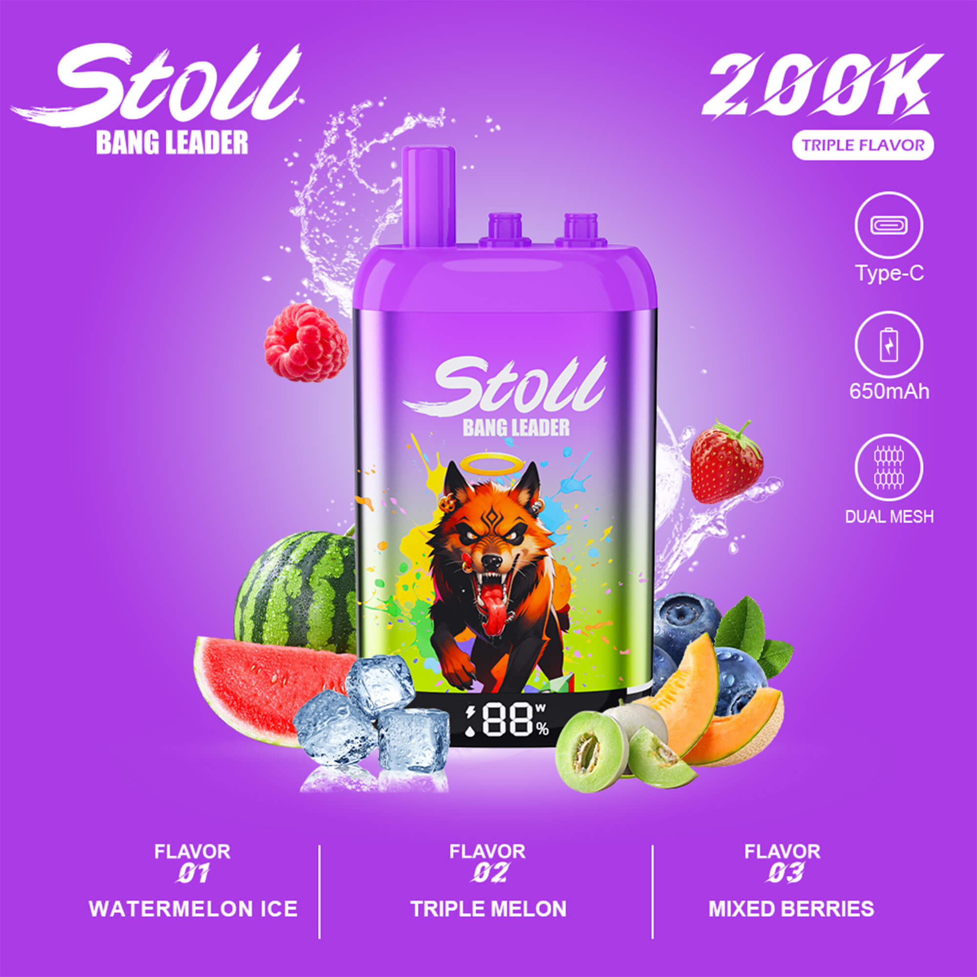Purple “Stoll Bang Leader” vape device with triple flavor text, Type-C and 650mAh specs, with fruit illustrations