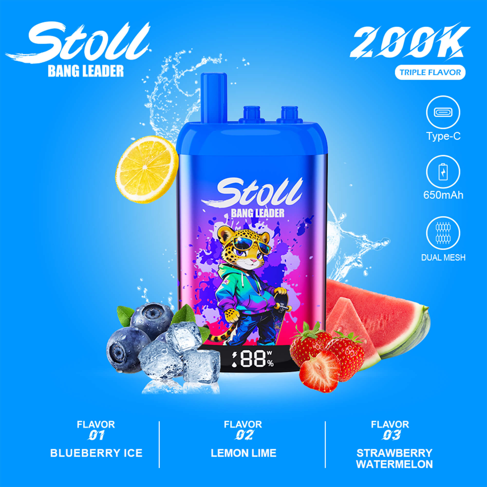 Blue vape pod advertisement with “Stoll Bang Leader” branding, splash effects, and fruit flavors around a device illustration