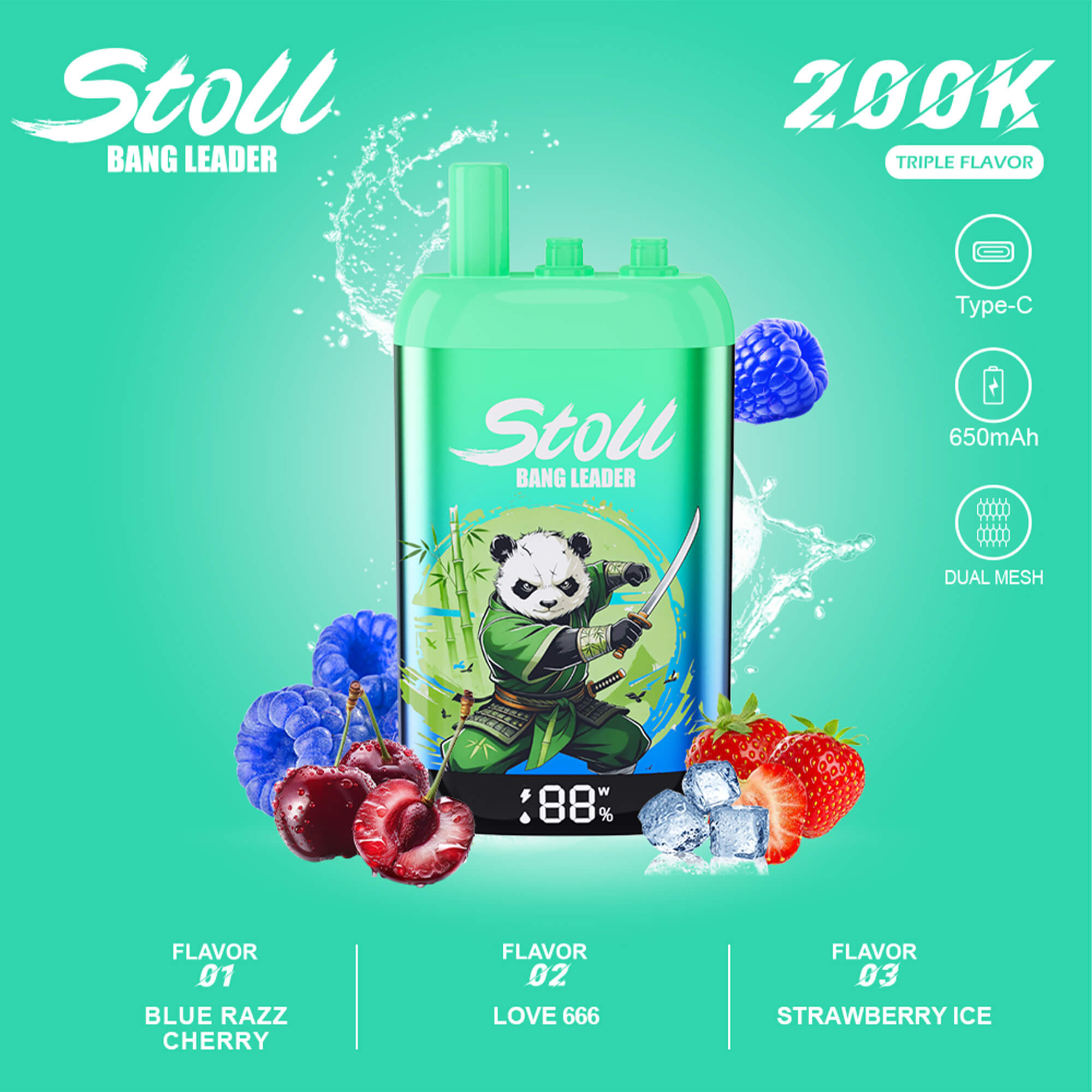 StoII Bang Leader vape packaging with panda graphic and 650mAh Type-C triple flavor text on green background