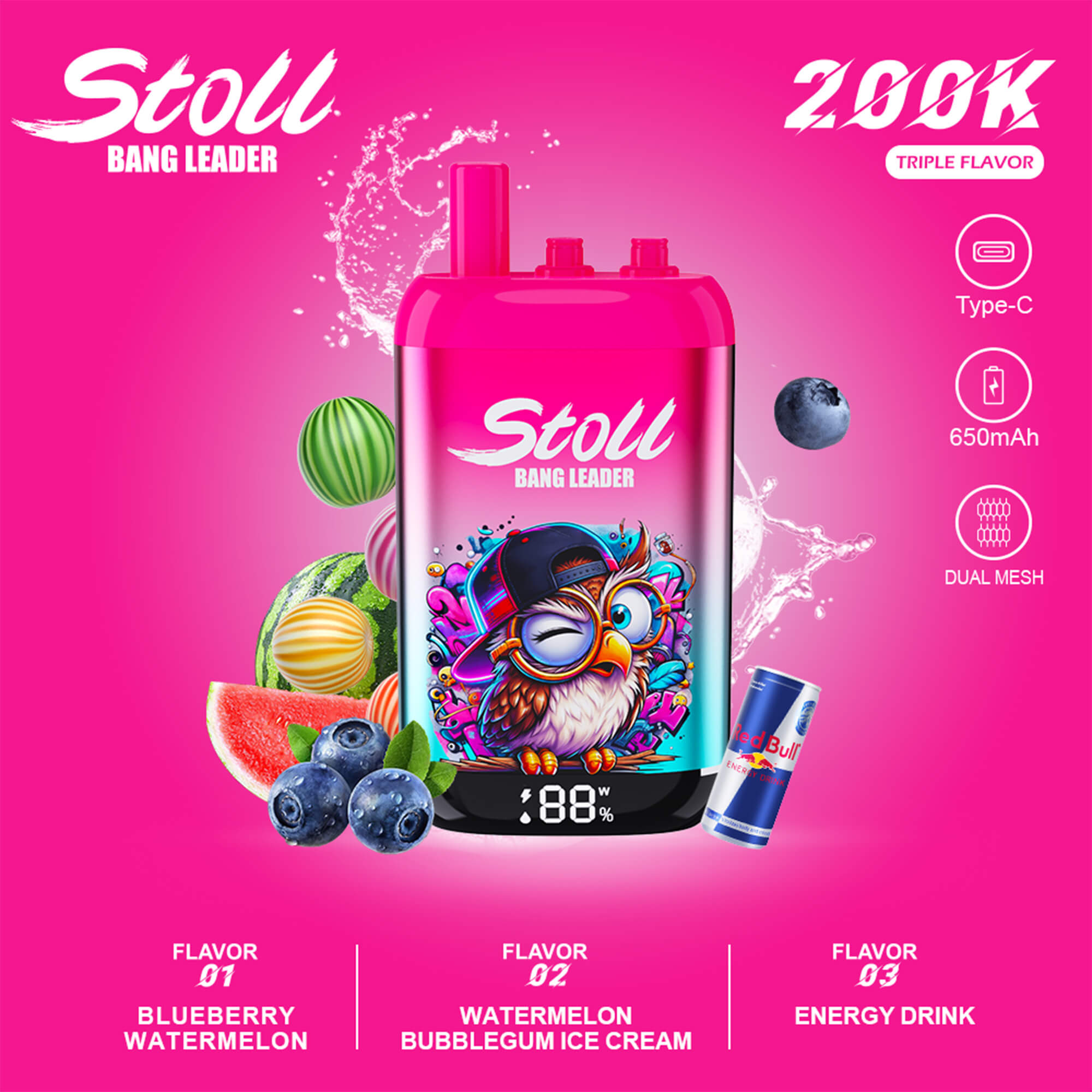 Promotional graphic for Stoll Bang Leader 3600 triple flavor with vape device, fruit, and charging features Type-C 650mAh