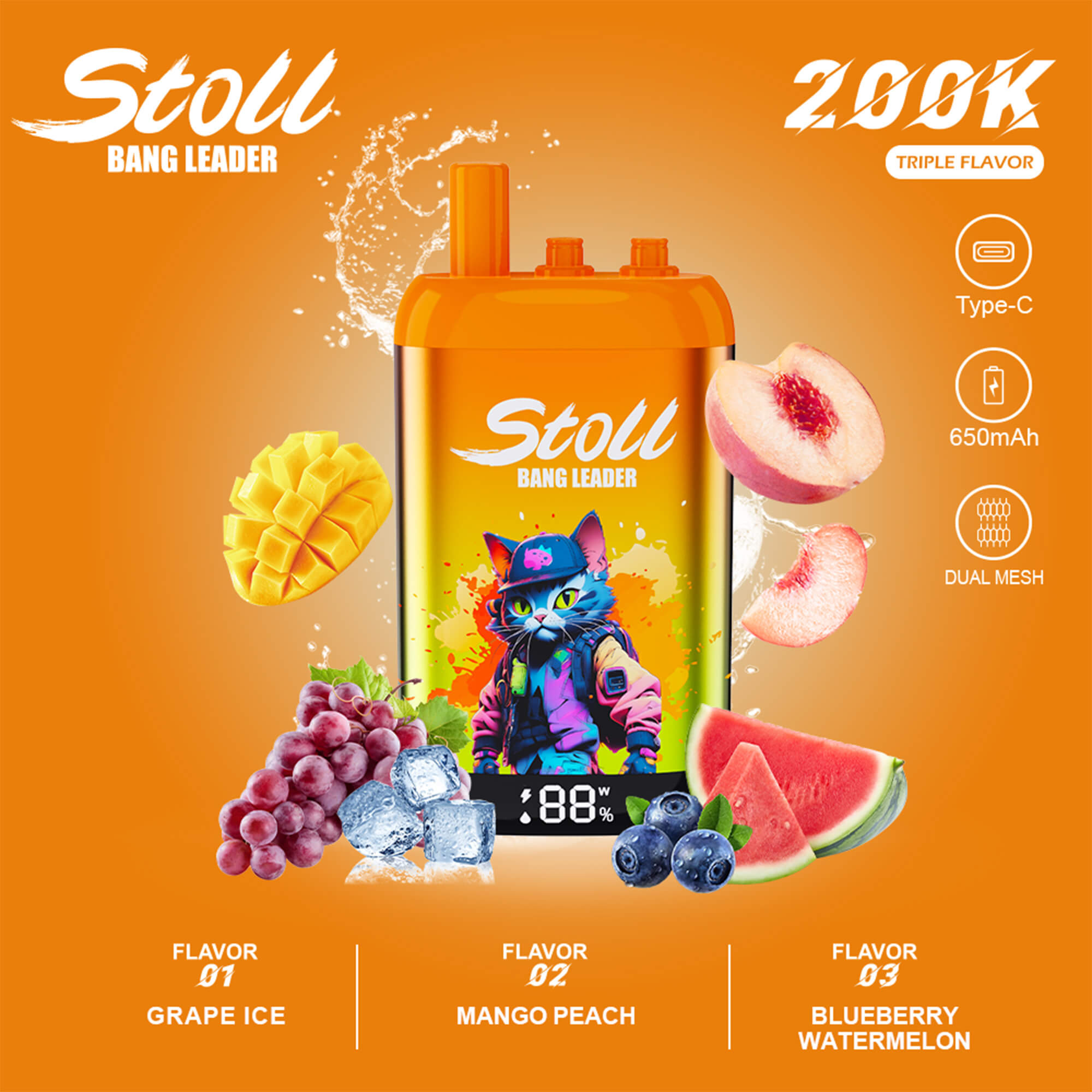 Sto ll Bang Leader 2600K triple flavor vape pod with Type-C 650mAh dual mesh text and fruit flavors (Grape Ice, Mango Peach, Blueberry Watermelon)