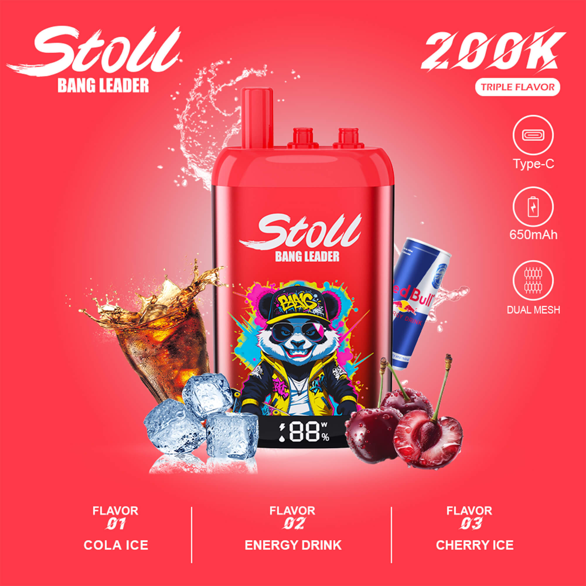 Red “Stoll Bang Leader” energy drink can graphic with “Cola Ice,” “Energy Drink,” and “Cherry Ice” flavor panels