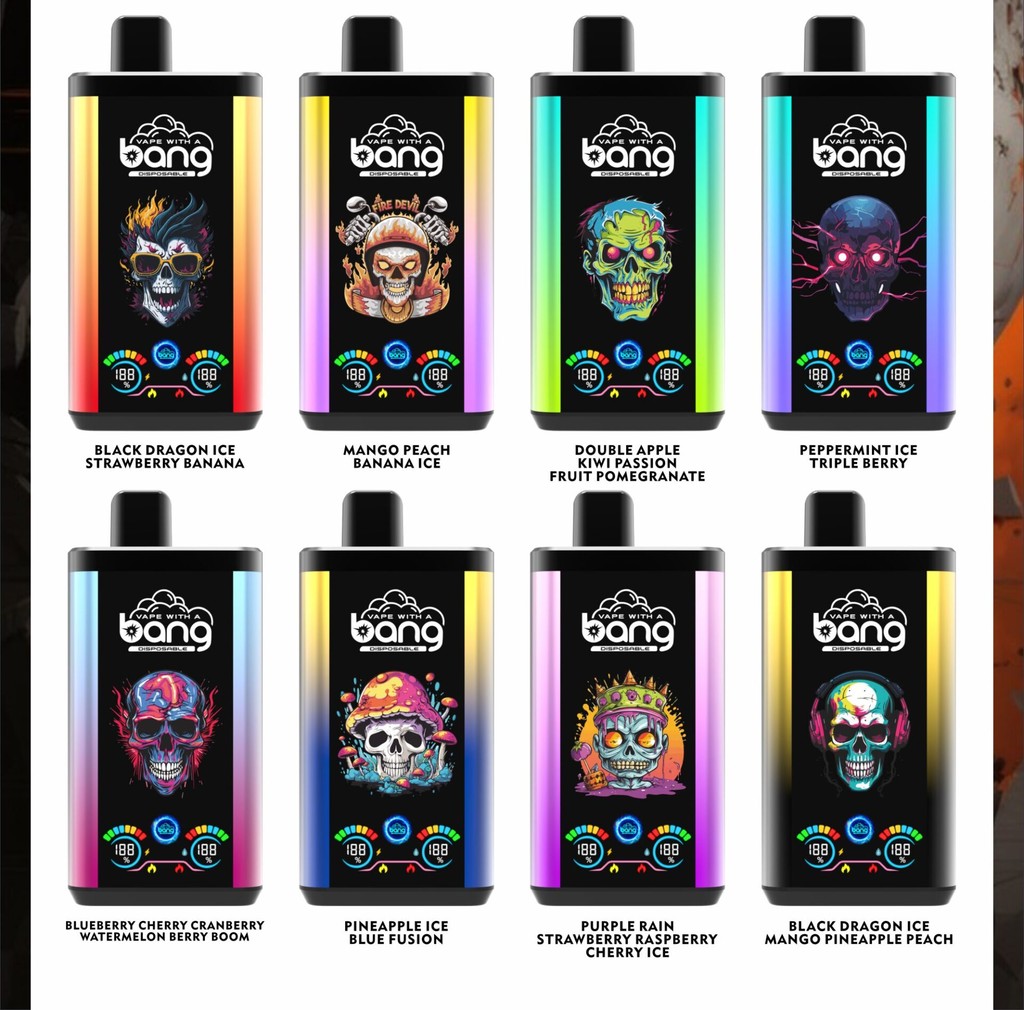 A set of eight colorful vape devices with skull-themed designs and different flavor labels including "Black Dragon Ice Strawberry Banana," "Mango Peach Banana Ice," "Double Apple Kiwi Passion Fruit Pomegranate," "Peppermint Ice Triple Berry," "Blueberry Cherry Cranberry Watermelon Berry Boom," "Pineapple Ice Blue Fusion," "Purple Rain Strawberry Raspberry Cherry Ice," and "Black Dragon Ice Mango Pineapple Peach."
