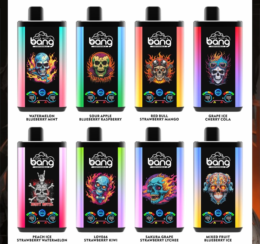 Bang vape devices with colorful, skull-themed designs featuring flavors like Watermelon Blueberry Mint, Sour Apple Blueberry Raspberry, Red Bull Strawberry Mango, Grape Ice Cherry Cola, Peach Ice Strawberry Watermelon, LOVE66 Strawberry Kiwi, Sakura Grape Strawberry Lychee, and Mixed Fruit Blueberry Ice.