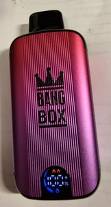 A metallic purple vape device labeled "BANG BOX" with a digital display showing 100%.