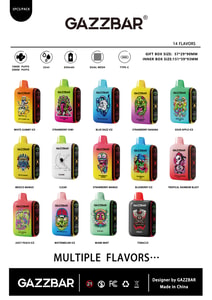 Image of GAZZBAR disposable vape devices in 14 flavors, each with unique colorful artwork and names like White Gummy Ice, Strawberry Kiwi, Blue Razz Ice, and more. The product features 10,000 or 20,000 puffs, 22ml capacity, 650mAh battery, dual mesh coil, and Type-C charging.