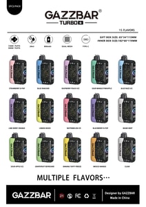 GAZZBAR Turbo disposable vapes in 15 flavors, featuring 15000-30000 puffs, 28ml capacity, 800mAh battery, dual mesh coil, and Type-C charging, with colorful designs