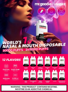 Advertisement for mr.goodie UWAKE nasal and mouth disposable vape with 30,000 puffs. Image features a product and a woman exhaling vapor. The device lists 12 flavors, digital display, sub-ohm mesh coil, 650mAh battery, and type-C charging port. Warning: This product contains nicotine.
