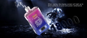 A colorful vape device with a lion design, emitting smoke, featuring a digital display and text describing display patterns, e-juice, and power status alongside an astronaut and "18000" in the background.