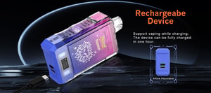 Rechargeable vaping device with adjustable airflow, displayed in purple and blue gradient design, shown with a USB-C charging cable and a highlighted charging feature.