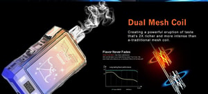 A transparent vape device with "Dual Mesh Coil" text, emitting smoke, showcasing enhanced flavor performance and consistent taste with dual mesh coil technology.
