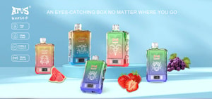 A display of ATUS Warship vaping devices in vibrant colors, featuring 750mAh battery, 25ml e-liquid capacity, Type-C charging port, and dual mesh coil, with fruit visuals in the foreground.