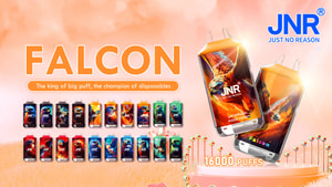 Expositor de vapeadores desechables JNR Falcon con varios sabores, etiquetado con "16000 caladas" con vibrantes ilustraciones con temática de halcón y el eslogan de marca "El rey de las grandes caladas, el campeón de los desechables".