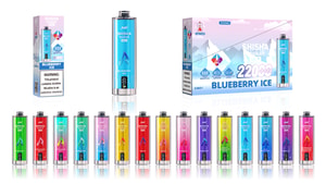 A display of JNR SHISHA Hookah Max disposable vape devices in various flavors, including Blueberry Ice, Two Apple, Strawberry Punch, Spearmint, Peach Ice, Mango Ice, Lush Ice, Lychee Ice, Grape Mint, Cherry Ice, Blue Razz Cherry, and Watermelon Ice. The image shows individual vape units, packaging, and a boxed set, highlighting features like 22000 puffs, triple mesh coil, and adjustable airflow.
