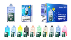 Vapewatch device and packaging featuring a smart watch and vape hybrid in multiple colors with removable smart watch. Text on packaging highlights features like text messaging, phone find, and 3000 puffs in regular mode. Warning label indicates nicotine content.