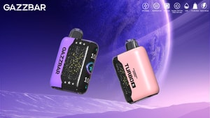 Two colorful, compact vape devices with the brand name "GAZZBAR" and "TURBO" displayed, set against a space-themed background featuring a planet and abstract elements.