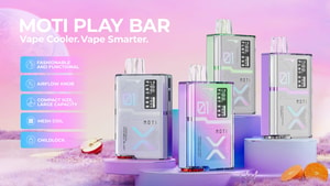 A colorful display of four MOTI Play Bar vape devices in various shades, showcasing their sleek design against a pastel background. Text highlights features like "Fashionable and Functional," "Airflow Knob," "Compact Size, Large Capacity," "Mesh Coil," and "Childlock."