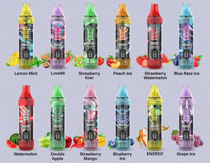 A collection of 12 colorful vape devices labeled with flavors such as Lemon Mint, Love66, Strawberry Kiwi, Peach Ice, Strawberry Watermelon, Blue Razz Ice, Watermelon, Double Apple, Strawberry Mango, Blueberry Ice, ENERGY, and Grape Ice, each paired with corresponding fruit or flavor imagery.