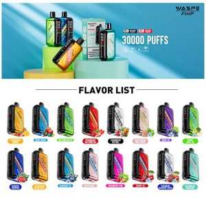 Wasp FiHP vape with 30,000 puffs displayed in multiple vibrant colors, showcasing a flavor list of 16 different fruity and icy options including strawberry mango, watermelon ice, blueberry ice, and kiwi passionfruit guava.