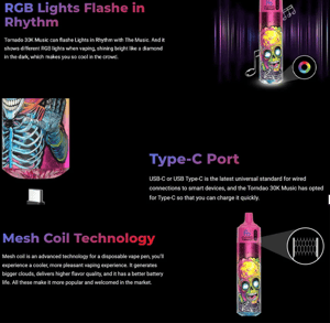 Bild som visar en färgglad vape-penna med en skalledesign, tillsammans med textmarkeringsfunktioner: RGB-ljus som blinkar i rytm med musik, en Type-C-laddningsport och mesh-spoleteknik för förbättrad vaping-upplevelse.
