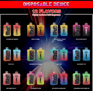 Display of 12 flavored disposable vape devices, each with a colorful gradient design and labeled with flavors including Strawberry Mango, Energy Drink, Blueberry Cherry Lemonade, Black Dragon Ice, Peach Ice, Strawberry Banana, Mix Fruit, Blueberry Ice, Watermelon Ice, Strawberry Kiwi, Blueberry Raspberry, and Strawberry Watermelon.
