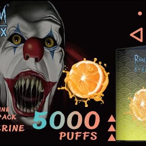 Image d'un dispositif de vape RandM B-Box avec un dessin de mandarine et un payaso aterrador dans le fond. Texto destacado : "5% Nicotine, 10 pcs/pack, 5000 bouffées, Tangerine Ice".