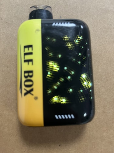A yellow and black "Elf Box" vape device with illuminated honeycomb-like patterns on the black side.