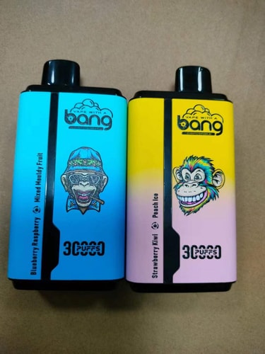 Two colorful vape devices with cartoon monkey designs, labeled "Blueberry Raspberry & Mixed Monster" and "Strawberry Kiwi & Peach Ice," featuring "3000 Puffs" branding.