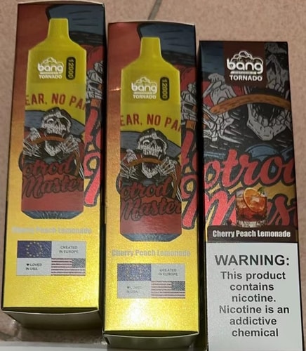 Three boxes of Bang Tornado disposable vape devices in Cherry Peach Lemonade flavor, featuring colorful "Hotrod Master" graphics and nicotine warning labels.