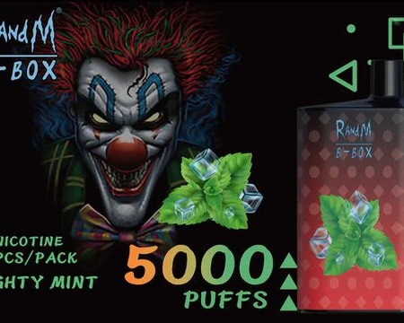 Image promotionnelle de la vape RandM B-Box représentant un clown sinistre, des feuilles de menthe, des glaçons et un texte soulignant "5000 bouffées", "5% nicotine" et "Mighty Mint".