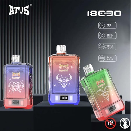 En display av ATUS vaping-enheter med färgglad design, 18000 puffar, 750mAh batteri, 25ml e-liquid kapacitet, Type-C laddningsport och dual mesh coil, med en 18+ åldersbegränsningsikon.