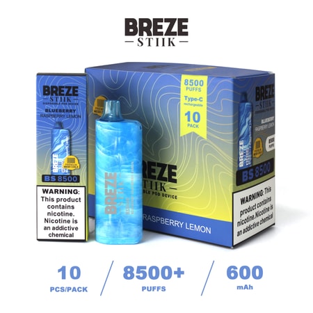 Image of a Breze Stiik disposable vape device and packaging in blueberry raspberry lemon flavor, labeled with 8500+ puffs, Type-C rechargeable, and containing nicotine warnings.