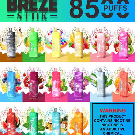 Colorful display of Breze Stiik vape flavors with a nicotine warning label.