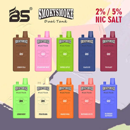 Colorful SmokySmoke Dual Tank vapes with various flavors including Lemon Cola, Strawberry Mint, Double Apple, Black Ice, POG Blast, Lemon Mint, Pina Colada, Orange Soda, Watermelon Ice, and Blueberry Raspberry; 2%/5% Nic Salt.