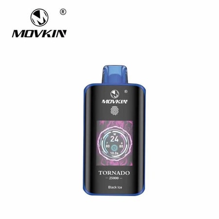 Movkin Tornado 25000 Black Ice Verdampfer mit digitaler Anzeige und Logo.
