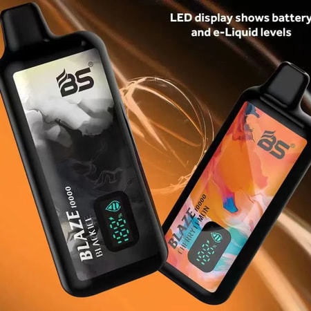 Två vape-enheter av märket BS med färgglad design och LED-display som visar batteri- och e-vätskenivåer, mot en abstrakt bakgrund.
