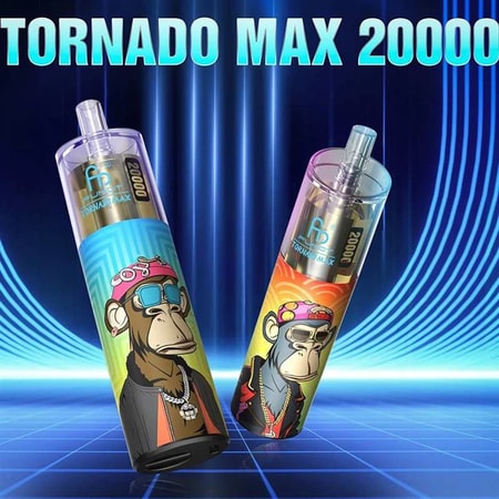 Vape-apparater med tecknade apor märkta "Tornado Max 20000" i en futuristisk blå och svart bakgrund.