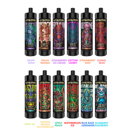 Olika King Max vape-smaker med färgglada karaktärsdesigner på varje flaska, inklusive druvsoda, persika mango, jordgubbsglass, sockervadd, jordgubbs kiwi, gummibjörn, mintglass, orange mango vattenmelon, äpple persika, vattenmelonis, blå razz lemonad och blåbär hallon.