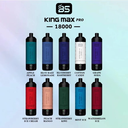 Bild mit 10 BS King Max Pro 18000 Vape-Geräten in verschiedenen Geschmacksrichtungen, darunter Apple Peach, Blue Razz Lemonade, Blueberry Raspberry, Cotton Candy, Grape Soda, Strawberry Ice Cream, Peach Mango, Strawberry Kiwi, Mint Ice und Watermelon Ice.