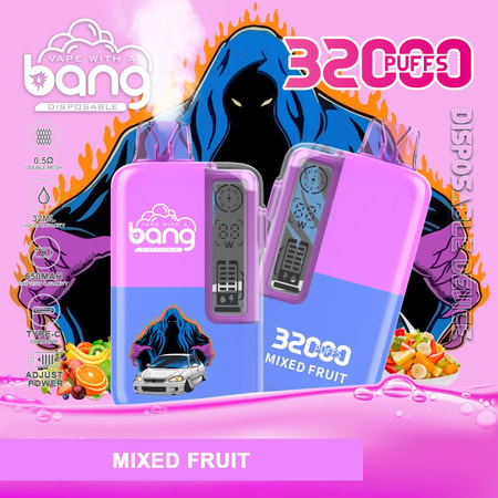 Dispositifs de vapotage roses et bleus portant la marque "Bang Disposable", entourés d'illustrations de fruits, d'une voiture et d'un personnage masqué avec des flammes. Le texte met en évidence des caractéristiques telles que 32 000 bouffées, un arôme de fruits mélangés et les spécifications de la batterie.