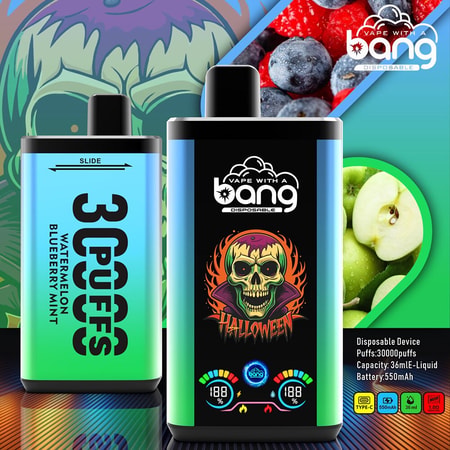 Image de deux dispositifs de vapotage jetables "Vape with a Bang" avec des dessins sur le thème d'Halloween et des fruits, indiquant des saveurs comme la pastèque, la myrtille et la menthe, avec des spécifications pour les bouffées, la capacité de l'e-liquide et la batterie.