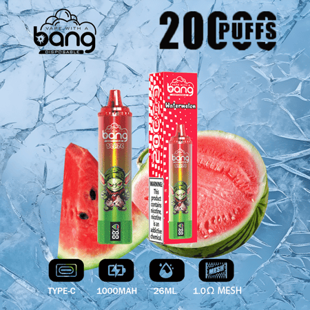 Bang Vape jetable avec une saveur de pastèque, 2000 bouffées, et des caractéristiques telles que la charge Type-C, une batterie 1000mAh, une capacité de 26ml, et un maillage de 1,0Ω.