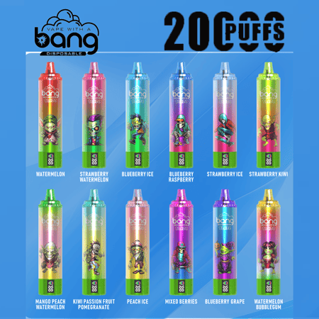Image représentant une gamme de dispositifs de vapotage jetables Bang colorés, chacun étiqueté avec différents arômes et représentant des personnages de dessins animés. Le texte indique "20 000 bouffées".