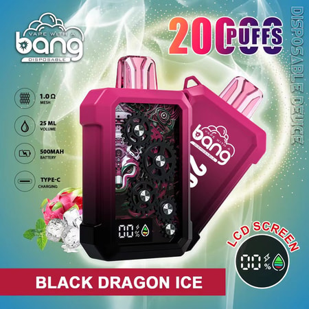 Bang engångsapparat med smaken "Black Dragon Ice", 20 000 puffar, 25 ml kapacitet, 500mAh batteri, 1,0Ω mesh coil, Type-C laddning och LCD-skärm som visar batteri- och vätskenivåer.