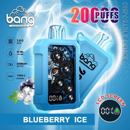 Blå engångs vape-enhet med en synlig kugghjulsmekanism och LCD-skärm, märkt "Bang Disposable" i "Blueberry Ice" smak, med specifikationer: 1,0Ω mesh-spole, 25ml volym, 500mAh batteri, Typ-C laddning, 20000 puffar.