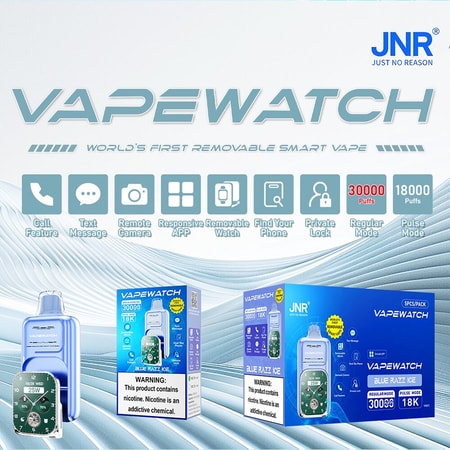 VAPEWATCH de JNR, un vapeador inteligente extraíble con funciones como llamada, texto, cámara remota, aplicación de respuesta, encuentra tu teléfono, bloqueo privado y dos modos: normal (30.000 caladas) y pulso (18.000 caladas).