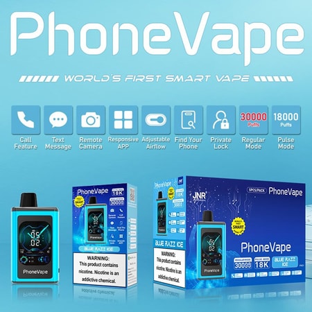 PhoneVape, un dispositivo de vapeo inteligente con funciones como llamadas, mensajes de texto, cámara remota, flujo de aire ajustable, bloqueo privado y modos para 30.000 o 18.000 caladas; en el envase aparece una advertencia sobre la nicotina.